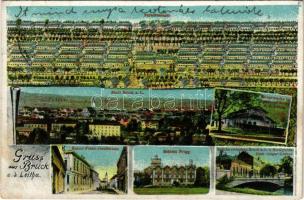 1915 Lajtabruck, Bruck an der Leitha; Barackenlager, Stadt, Hauptwache im Lager, Kaiser-Franz-Josefstrasse, Schloss Prugg, Brücke zwischen Bruck a. L. u. Királyhida (Bruckneudrof), Oest.-ungar. Grenze / Osztrák-magyar katonai tábor és laktanyák, Főőrség, híd Lajtabruck és Királyhida között (osztrák-magyar határ), Prugg kastély, Ferenc József utca. O. Deyssig kiadása / K.u.K. military barracks and camp, main guard, bridge between Bruck an der Leitha and Bruckneudorf, on the Austrian-Hungarian border. Art Nouveau (apró szakadás / tiny tear)