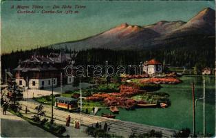 Tátra, Magas-Tátra, Vysoké Tatry; Csorba-tó, villamos megállóhely / Strbské pleso / tram station by ...