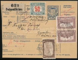 1922 Csomagszállító 25K bérmentesítéssel és okmánybélyeg helyett 50f portóval / Parcel card with 25K franking and 50f postage due as duty stamp "PESTSZENTLŐRINCZ" - "GYULA"