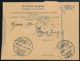 1922 Csomagszállító 25K bérmentesítéssel és okmánybélyeg helyett 50f portóval / Parcel card with 25K...