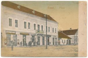 Élesd, Alesd; Fő tér, Karbonár János, Sternberg Ignác, Novák Kálmán üzlete és fodrászat / main square, shops (Rb)