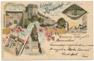 1898 Komárom, Komárno; Öreg vár, várkapu, Klapka szobor, Tiszti pavilon, Sétatér és zenepavilon, Klapka tér. Spitzer Sándor kiadása, szecessziós-virágos litho / castle, castle gate, statue, K.u.K. military officers' pavilion, promenade and music pavilion, square. Art Nouveau, floral, litho (EK)