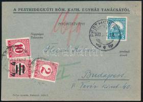 1931 Nyomtatvány 2f bérmentesítéssel Pesthidegkútról Budapestre, 16f portóval ellátva / Printed matter with postage due