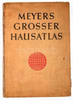 1938 Meyers Grosser Hausatlas. Mit 213 Haupt- und Nebenkarten, einem alphabetischen Namenverzeichnis mit rund 100000 Namen und einer geographischen Einleitung mit 79 farbigen Textabbildungen. Herausgegeben von Dr. Edgar Lehmann. Leipzig, 1938, Bibliographisches Institut AG. Számos egészoldalas, színes térképpel, névmutatóval. Német nyelven. Kiadói félvászon-kötés, kissé viseltes borítóval, sérült gerinccel, néhány kissé sérült lappal.