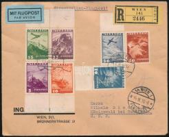 1936 Légi ajánlott levél 7 db Repülő bélyeggel (sok ívszéli) Csehszlovákiába / Airmail registered cover "WIEN" - "PRAHA" - "LIBOUCHEC"