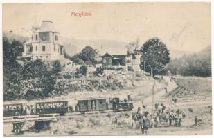 1908 Menyháza, Monyásza, Moneasa; Paradeiser villák, kisvasút, vasútállomás, gőzmozdony, vonat / villas, light railway station, locomotive, train (gyűrődés / crease)