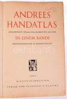 1937 Andrees Handatlas. Ausgewählte, völlig neu bearbeitete Ausgabe in einem Bande. Herausgegeben von Dr. Konrad Frenzel. Bielefeld-Leipzig, 1937, Velhagen &amp; Klasing. Számos egészoldalas, színes térképpel, névmutatóval. Német nyelven. Kiadói aranyozott egészvászon-kötés, kissé viseltes, sérült borítóval és gerinccel, a címlapon kisebb szakadással, szakadt hátsó szennylappal.