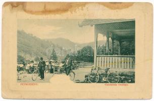 Petrozsény, Petrosani; Gambrinus vendéglő, étterem kertje vendégekkel, férfiak kerékpárral. W.L. Bp. 5400. / restaurant, garden with guests, men with bicycles (EM)