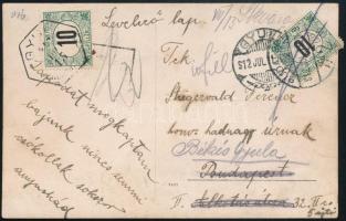 1912 Képeslap Gyuláról Budapestre, visszaküldve, 2 x 10f portóval / Postcard with postage due, returned
