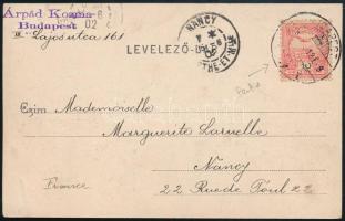 1902 Képeslap céglyukasztásos Turul 10f bélyeggel Franciaországba / Postcard with perfin stamp to France