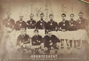 Az Aranycsapatot ábrázoló plakát, rajta nyomtatott aláírásukkal, hajtott, 41,5×60 cm