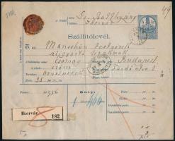 1877 Szállítólevél 5kr benyomott okmánybélyeggel, gr. Batthyány feladóval, "JKERVÁR / VAS.M." - "BUDAPEST FŐPOSTA / KIADATOTT"