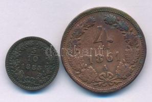 Ausztria 1861A 4kr Cu Bécs + 1885. 5/10kr Cu T:VF, patina Austria 1861A 4 Kreuzers Cu Wien + 1885. 5/10 Kreuzer Cu C:VF, patina Krause KM#2183, KM#2194