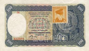 Csehszlovákia 1945 szlovák 100K cseh bélyeggel "specimen" T:I