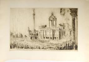Boldizsár István (1897-1984): In memoriam Congressus Eucharistici XXXIV, Budapestinianno Domini MDCCCCXXXVIII (Eucharisztikus világkongresszus emlékére). Rézkarc, papír, jelzett a karcon. Lapszéli kisebb szakadással. 37×54,5 cm