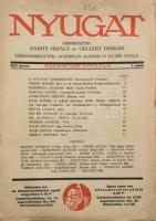 1937 Nyugat XXX. évf. 1. szám, 1937. január, szerk.: Babits Mihály, Gellért Oszkár. Benne: Török Sophie: Hol az én életem (Kaffka Margit emlékezete), Weöres Sándor: Dávid tánca és egyéb írások. Kiadói papírkötés, kissé sérült borítóval, (8)+89+(3) p.