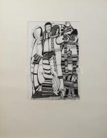 Lajos Ferenc (1912-1998): Társaság állattal, 1985. Tus, papír, jelezve jobbra lent, paszpartuban, 28×19 cm