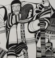 Lajos Ferenc (1912-1998): Társaság állattal, 1985. Tus, papír, jelezve jobbra lent, paszpartuban, 28...