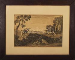 cca XVIII. sz. második fele, "The Pointers and Hare" (angol vadászjelenet), James Seymour (1702-1752) festménye után Smith metszése, jelzett a metszeten, paszpartuban, üvegezett fakeretben, látható: 23x33,5 cm, külső méret: 42x52 cm