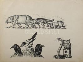 Haranghy Jenő (1894-1951): 10 db illusztráció a Világvándor király c. műhöz. Tus, papír, többségében jelzett (kis haranggal). Részben lapszéli apró foltokkal. 10,5x26 és 32x39 cm közötti méretekben.