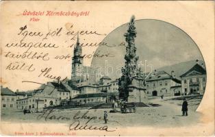 1900 Körmöcbánya, Kremnitz, Kremnica; Fő tér, Szentháromság szobor. Ritter Lipót J. kiadása / main square, Holy Trinity statue. Art Nouveau (kis szakadás / small tear)