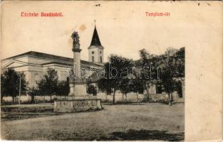 1910 Bezdán, Besdan, Bezdan (Zombor, Sombor); Templom tér, Szentháromság szobor, templom. Ligeti Dávid kiadása / Holy Trinity statue, square, church (kis szakadás / small tear)