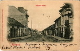 1900 Rozsnyó, Roznava; Berzéti utca, Phönix biztosító, üzletek. Pauchly Nándor kiadása / street view, insurance company, shops (tűnyomok / pin marks)