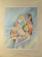 Szkotniczky Péter (?-): Aranyrög tetején ülő koldus, 1994. Akvarell, papír, jelzett, kissé foltos, paszpartuban, 58x45 cm