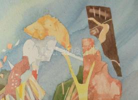 Szkotniczky Péter (?-): Aranyrög tetején ülő koldus, 1994. Akvarell, papír, jelzett, kissé foltos, p...