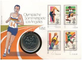 Man-sziget 1984. 1C Cu-Ni "XXIII. Nyári Olimpia - Los Angeles" bélyeges borítékban, bélyeggel és alkalmi bélyegzésekkel T:UNC Isle of Man 1984. 1 Crown Cu-Ni "23rd Summer Olympics - Los Angeles" in coin envelope with stamps and cancellations C:UNC Krause KM#118