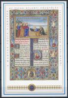 1993 Mátyás misekönyve blokk "A Magyar Posta ajándéka az Észak-Atlanti Közgyűlés tavaszi ülésszaka alkalmából" előoldali felülnyomattal (ún. NATO blokk). A modern magyar filatélia legnagyobb ritkasága, mindössze 400 darab készült, de a piacon aukciós és kereskedelmi fogalomban 7-8 db ismert mindösszesen. A közgyűlésen részt vevő legfontosabb közméltóságok, vezetők kapták. Szinte minden magyar gyűjteményből hiányzik. Luxus minőségben, eredeti tokkal, a teljes szett rendkívüli ritkaság!  Mi block 225 with overprint, present of the post to the attandees of the NATO summit in Budapest. Issue only 400 pcs, NOT SOLD FOR THE PUBLIC. Luxury piece!  Certificate: Glatz