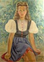 Jelzés nélkül, XX. sz. első fele: Menyecske népviseletben, 1930-40 körül. Olaj, vászon. Kisebb sérülésekkel. 100x80 cm