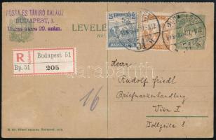 1919 Ajánlott 3 bélyeggel díjkiegészített díjjegyes levelezőlap Bécsbe