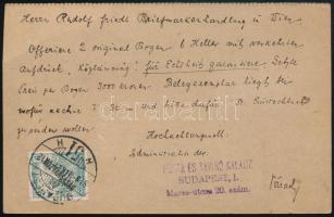 1919 Ajánlott 3 bélyeggel díjkiegészített díjjegyes levelezőlap Bécsbe