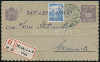 1907 Ajánlott díjkiegészített díjjegyes zárt levelezőlap Miskolcról Czernowitzba