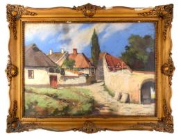 Olvashatatlan jelzéssel: Napfényes utca. Pasztell, papír. Dekoratív, üvegezett, sérült fakeretben. 50x70 cm.