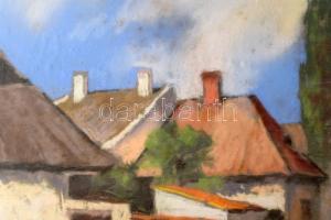 Olvashatatlan jelzéssel: Napfényes utca. Pasztell, papír. Dekoratív, üvegezett, sérült fakeretben. 5...