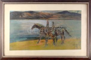 Ezüst György (1935-2017): Lovasok. Vegyes technika, papír. Jelzett. Hátoldalán Képcsarnok Vállalat címkéjével, mely szerint szerepelt a Munkácsy Teremben, Békéscsabán rendezett kiállításon. Üvegezett fakeretben. 37x67 cm.