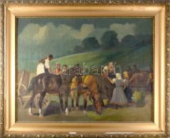 Burchard-Bélaváry István (1864-1933): Társaság lovakkal. Olaj, vászon, jelzett. Kisebb sérüléssel. Dekoratív, sérült fakeretben, 58x78 cm