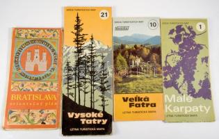 4 db szlovák turistatérkép: Kis-Kárpátok (Malé Karpaty), Magas-Tátra (Vysoké Tatry), Nagy-Fátra (Veľká Fatra), Pozsony (Bratislava). Vegyes állapotban.