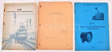 3 db vasút témájú kiadvány: 11.01 Vasúti távközlési tervek rajzjelgyűjteménye. 180. sz. Tervezési segédlet. + Négyszámjegyes automatikus rutinhívó berendezés. Tervezte: Szurdi Gyárfás, MÁV Tervező Intézet. + 32.01 Vonali ki és középállomások hanghálózata. MÁV távközlési hálózatok tervezése. 248. sz. Tervezési segédlet. Változó állapotban.