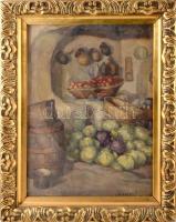 Járossy Gyula (1886-1958): Enteriőr (konyha). Akvarell, papír, jelzett. Dekoratív, üvegezett, sarkaiban kissé sérült fakeretben, 33,5×25 cm