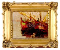 Paczolay jelzéssel, XX. sz .első fele: Kikötőrészlet vitolrásokkal (kétoldalas mű, hátoldalán tájrészlet). Olaj, fa. Dekoratív fakeretben, 18×24 cm