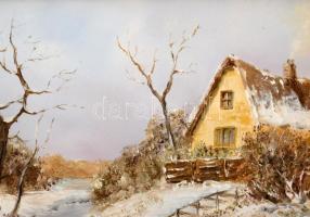 Mészáros jelzéssel, XX. sz. vége/XXI. sz. eleje (Mészáros Erzsébet?): Téli táj. Olaj, fatábla. Dekor...