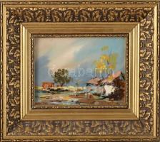 VR jelzéssel, XX. sz. vége/XXI. sz. eleje (Vojnits Richárd?): Ruhaszárítás. Olaj, farost. Dekoratív fakeretben, 13×18 cm