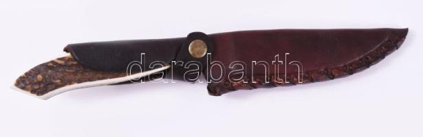 Vadászkés, agancs nyéllel, bőr tokkal, h: 25 cm