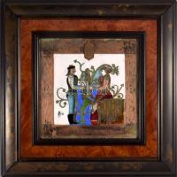 Sisa József (1952-2021) Népmesei jelenet. Tűzzománc kép fakeretben, 11,5x11,5 cm