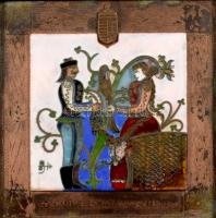 Sisa József (1952-2021) Népmesei jelenet. Tűzzománc kép fakeretben, 11,5x11,5 cm