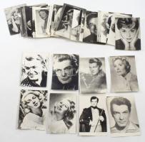 35 db kis méretű sztárfotó, Lana Turner, Deborah Kerr, Marina Vlady, Doris Day, Rita Hayworth, Jayne Mansfield, stb., 9,5×6,5 cm