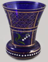 Parádi zománcfestett királykék váza, pattogzással, m: 14 cm